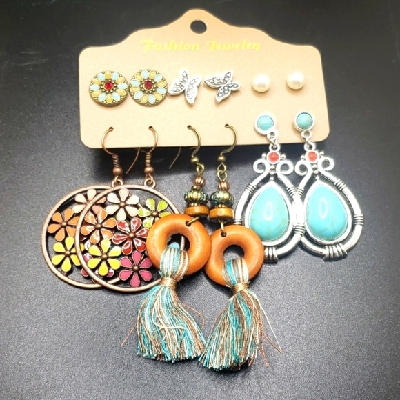 Boho turquoise bronze tassel pearl butterfly earring bundle set - Picture 2 of 4